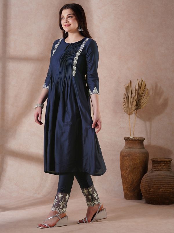 Globus Women Blue Round Neck Embroidered Detail Pleated A-Line Kurta With Lace Hem Pants Festive Set