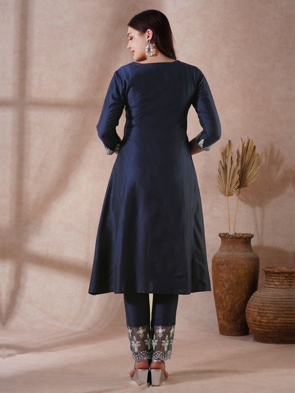 Globus Women Blue Round Neck Embroidered Detail Pleated A-Line Kurta With Lace Hem Pants Festive Set
