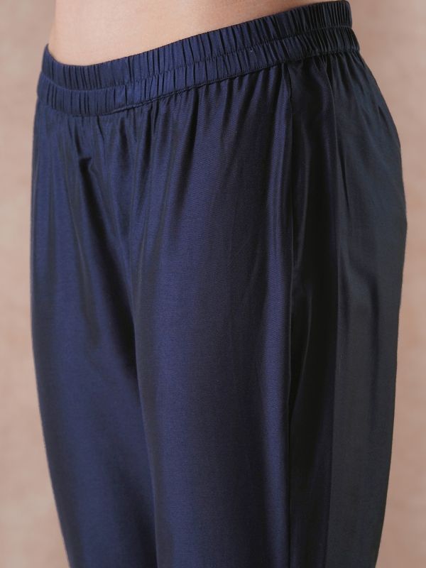 Globus Women Blue Round Neck Embroidered Detail Pleated A-Line Kurta With Lace Hem Pants Festive Set
