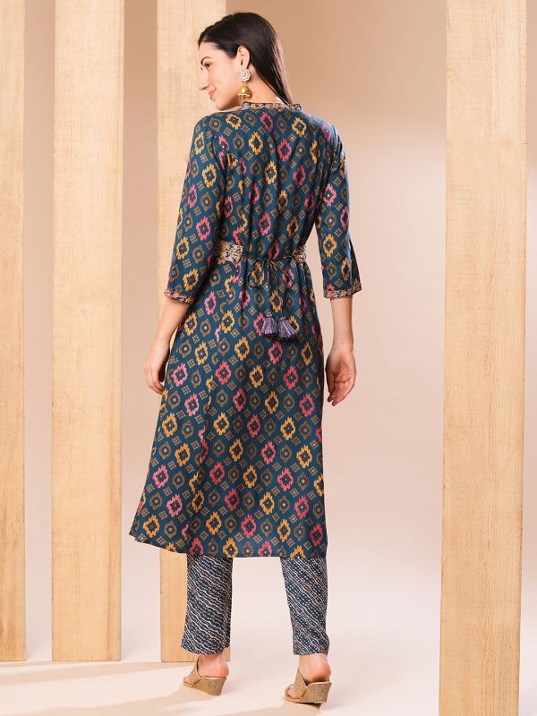 Globus Women Blue Embroidered Placket Allover Printed A-Line Kurta With Pants & Belt