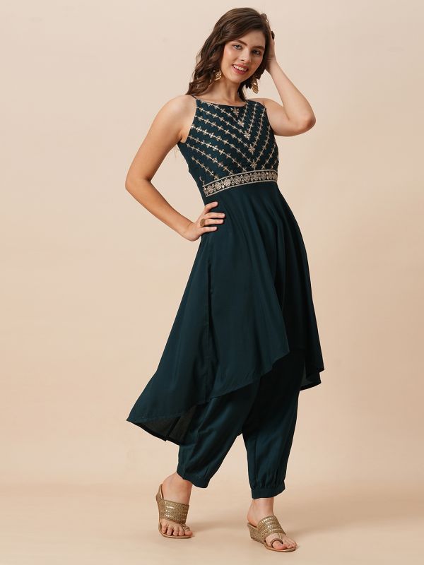 Globus Women Teal Embroidered Round Halter Neck High-Low Hem A-Line Kurta With Fully Elasticated Afghani Pants Festive Set