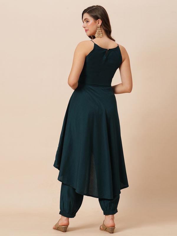 Globus Women Teal Embroidered Round Halter Neck High-Low Hem A-Line Kurta With Fully Elasticated Afghani Pants Festive Set