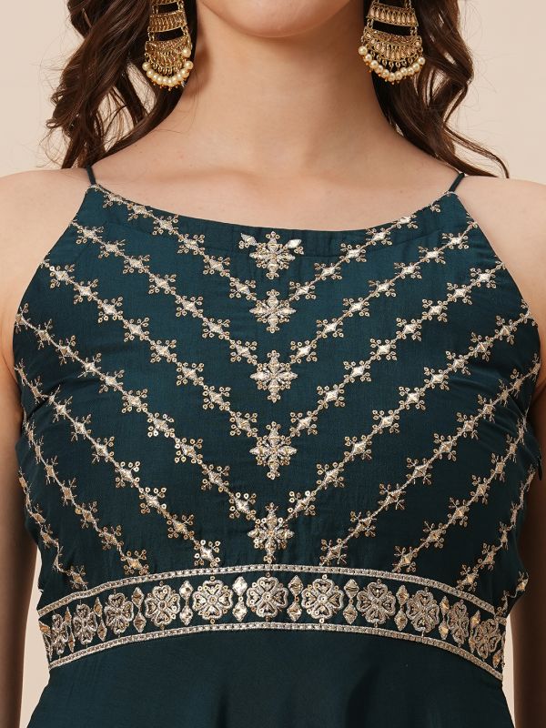 Globus Women Teal Embroidered Round Halter Neck High-Low Hem A-Line Kurta With Fully Elasticated Afghani Pants Festive Set