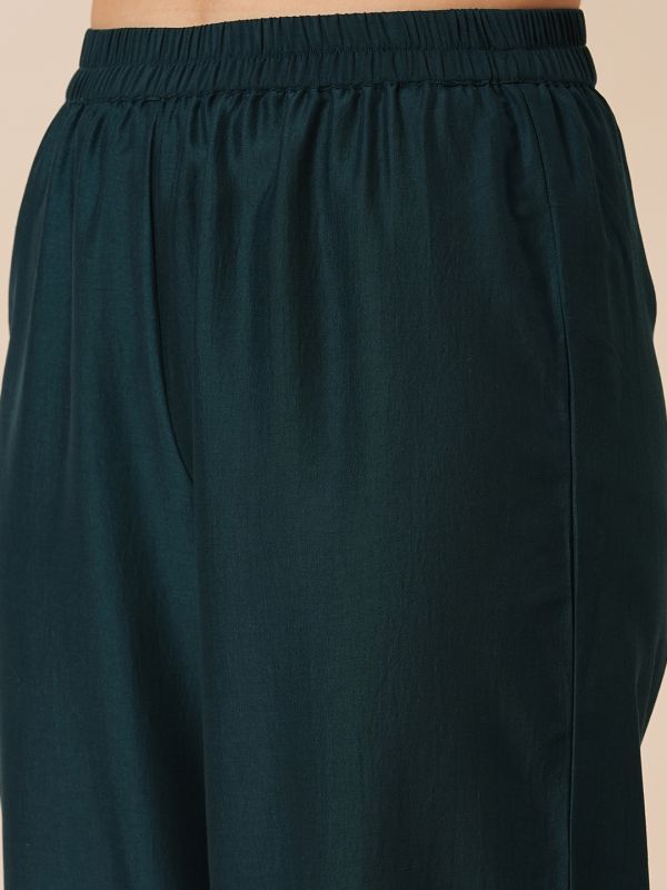 Globus Women Teal Embroidered Round Halter Neck High-Low Hem A-Line Kurta With Fully Elasticated Afghani Pants Festive Set
