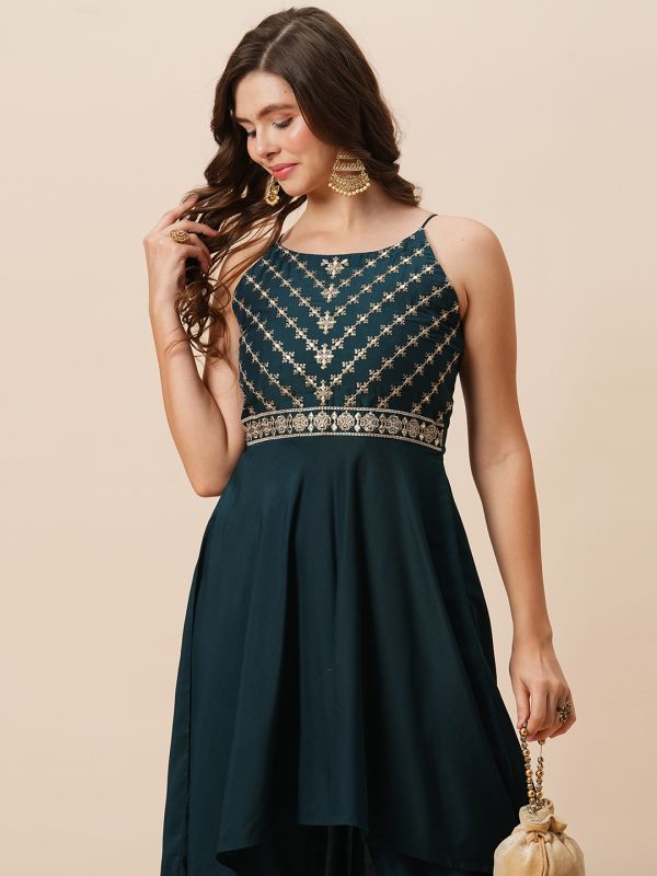 Globus Women Teal Embroidered Round Halter Neck High-Low Hem A-Line Kurta With Fully Elasticated Afghani Pants Festive Set