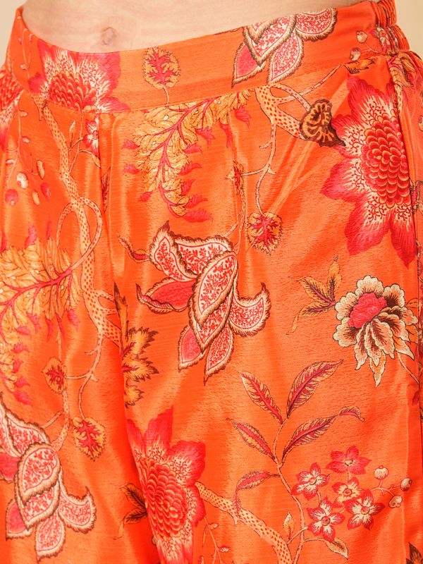 Globus Women Orange Allover Floral Printed Sequinned Yoke Front Slit Tunic With Gharara & Chocker Dupatta Festive Co-Ord Set