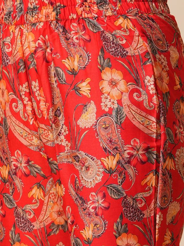 Globus Women Red Round Neck Floral Print Drawstring Detail Tunic With Fully Elasticated Mid-Rise Narrow Pants Fusion Co-Ord Set