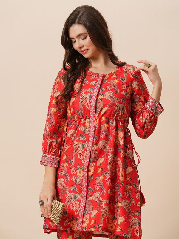 Globus Women Red Round Neck Floral Print Drawstring Detail Tunic With Fully Elasticated Mid-Rise Narrow Pants Fusion Co-Ord Set