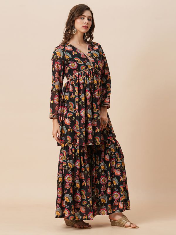 Globus Women Black V-Neck Floral Print Georgette A-Line Alia Cut Tunic With Fully Elasticated Mid-Rise Gharara Fusion Co-Ord Set
