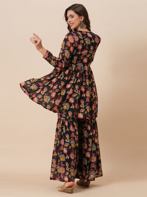 Globus Women Black V-Neck Floral Print Georgette A-Line Alia Cut Tunic With Fully Elasticated Mid-Rise Gharara Fusion Co-Ord Set
