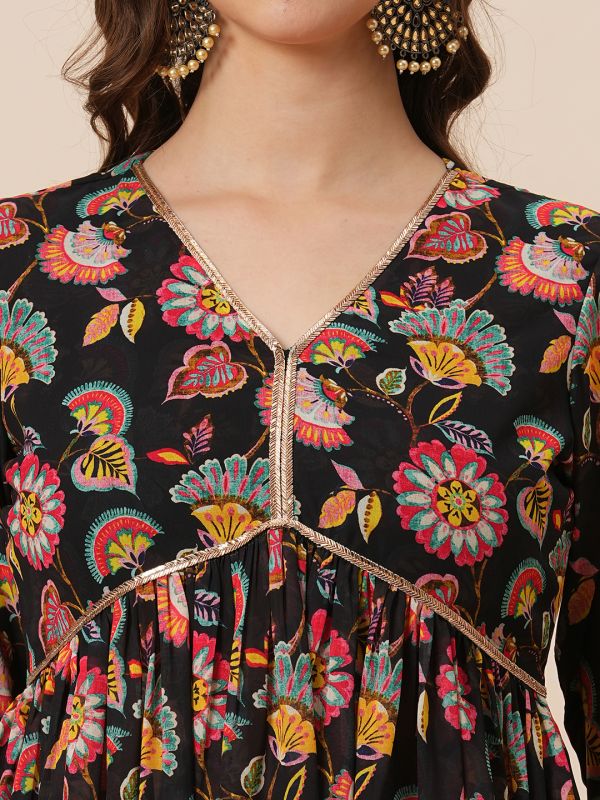 Globus Women Black V-Neck Floral Print Georgette A-Line Alia Cut Tunic With Fully Elasticated Mid-Rise Gharara Fusion Co-Ord Set