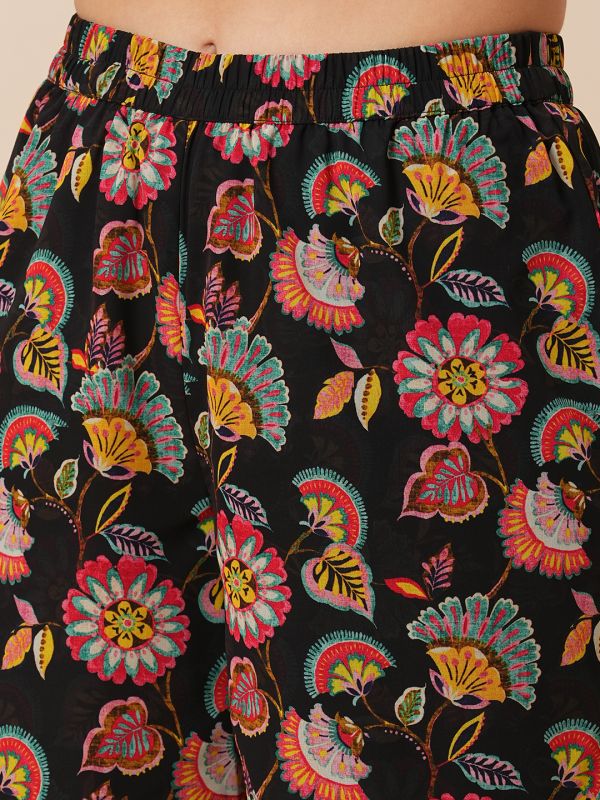 Globus Women Black V-Neck Floral Print Georgette A-Line Alia Cut Tunic With Fully Elasticated Mid-Rise Gharara Fusion Co-Ord Set