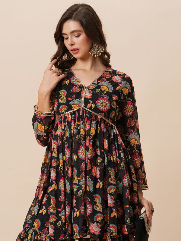 Globus Women Black V-Neck Floral Print Georgette A-Line Alia Cut Tunic With Fully Elasticated Mid-Rise Gharara Fusion Co-Ord Set