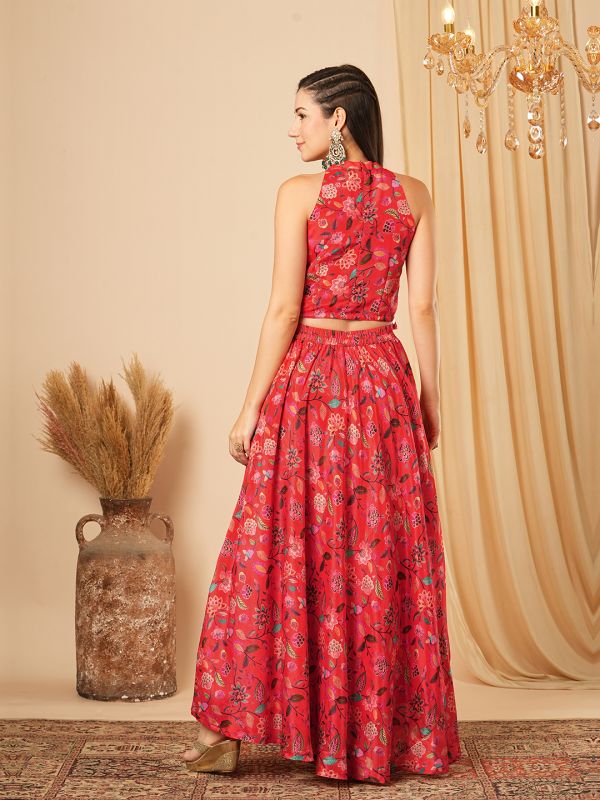 Globus Women Red Floral Printed Halter Neck Tassel Detailing Crop Top & Partially Elasticated Flared Maxi Fusion Co-Ord Set