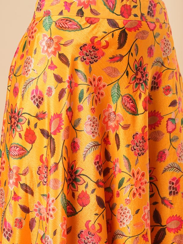 Globus Women Yellow Floral Printed Halter Neck Tassel Detailing Crop Top & Partially Elasticated Flared Maxi Fusion Co-Ord Set