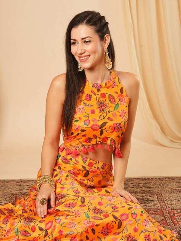 Globus Women Yellow Floral Printed Halter Neck Tassel Detailing Crop Top & Partially Elasticated Flared Maxi Fusion Co-Ord Set