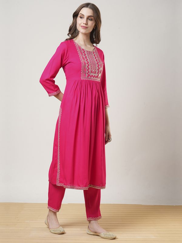 Globus Women Pink Zari & Sequinned Yoke Gathered A-Line Kurta With Straight Pant Festive Set
