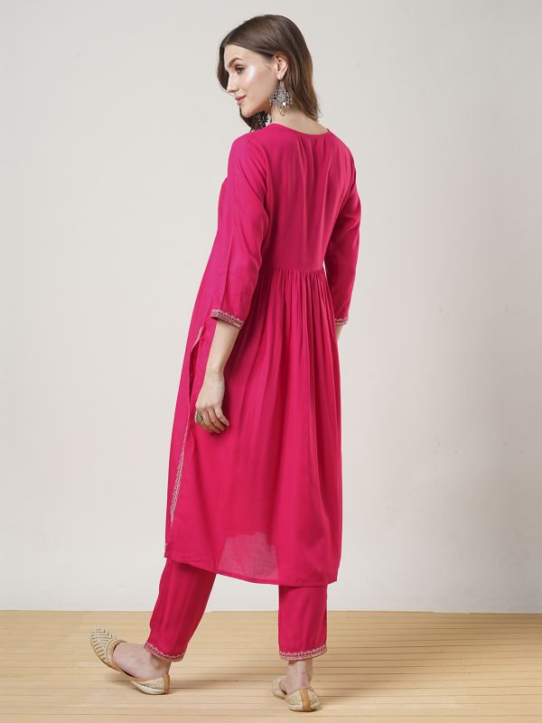Globus Women Pink Zari & Sequinned Yoke Gathered A-Line Kurta With Straight Pant Festive Set