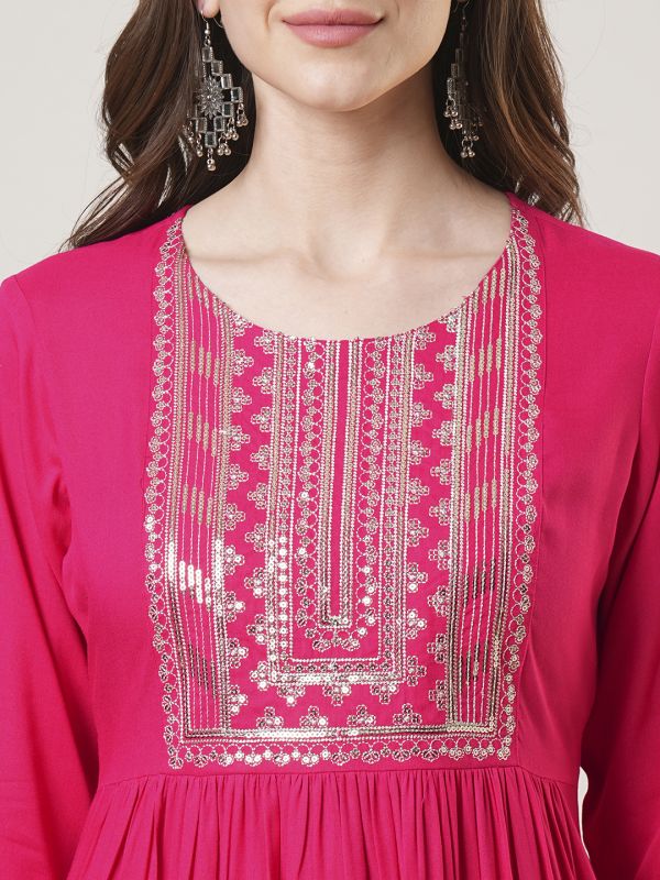 Globus Women Pink Zari & Sequinned Yoke Gathered A-Line Kurta With Straight Pant Festive Set