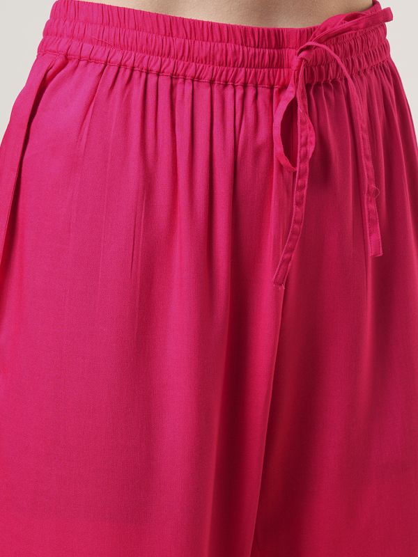 Globus Women Pink Zari & Sequinned Yoke Gathered A-Line Kurta With Straight Pant Festive Set