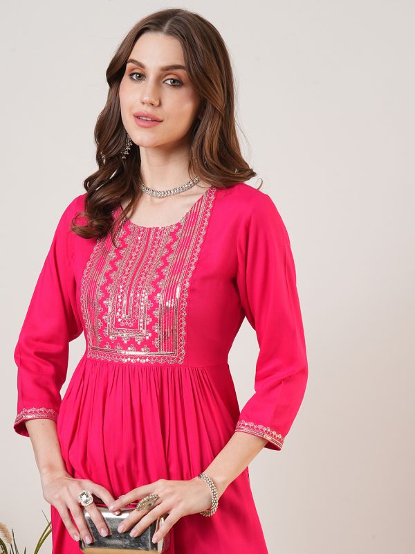 Globus Women Pink Zari & Sequinned Yoke Gathered A-Line Kurta With Straight Pant Festive Set