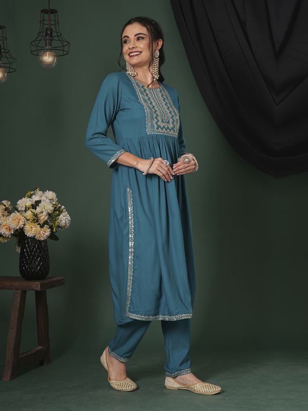 Globus Women Teal Zari & Sequinned Yoke Gathered A-Line Kurta With Straight Pants Festive Set