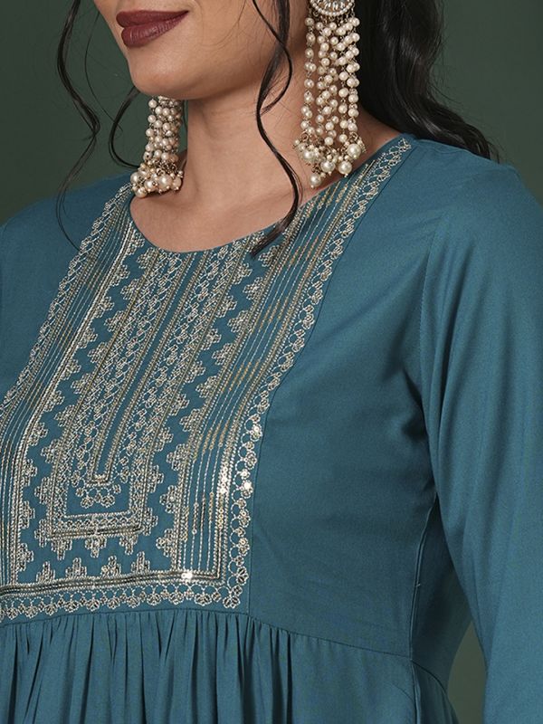 Globus Women Teal Zari & Sequinned Yoke Gathered A-Line Kurta With Straight Pants Festive Set