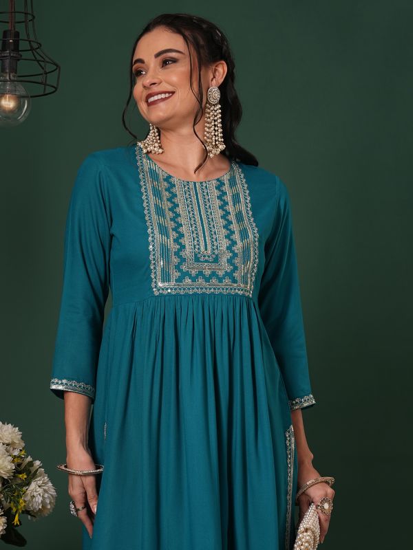 Globus Women Teal Zari & Sequinned Yoke Gathered A-Line Kurta With Straight Pants Festive Set