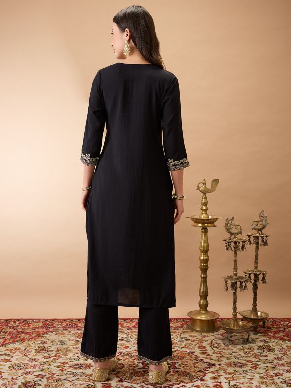Globus Women Black Round Neck Zari Embroidered Yoke Straight Kurta With Pant Festive Set