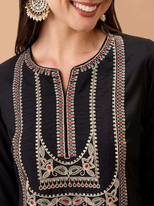 Globus Women Black Round Neck Zari Embroidered Yoke Straight Kurta With Pant Festive Set