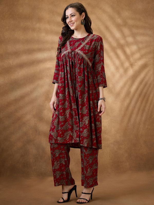 Globus Women Maroon Round Neck Crop Top With Pants & Embroidered Gathered Tie-Up Shrug Fusion Co-Ord Set