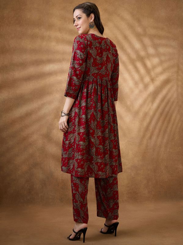 Globus Women Maroon Round Neck Crop Top With Pants & Embroidered Gathered Tie-Up Shrug Fusion Co-Ord Set