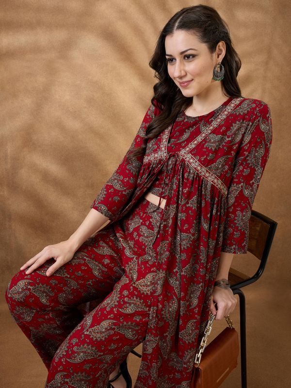 Globus Women Maroon Round Neck Crop Top With Pants & Embroidered Gathered Tie-Up Shrug Fusion Co-Ord Set