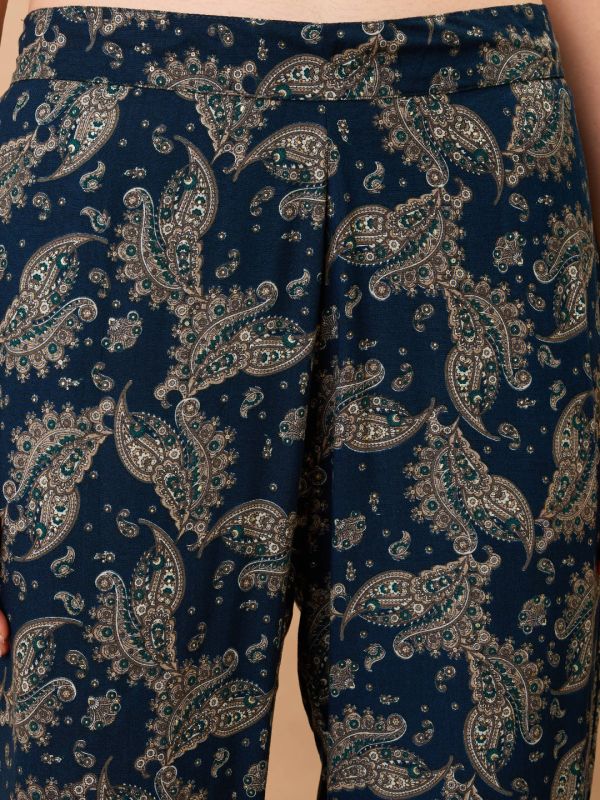 Globus Women Blue Paisley Printed Crop Top with Straight Pant & V-Neck Flared Shrug Co-ords Set