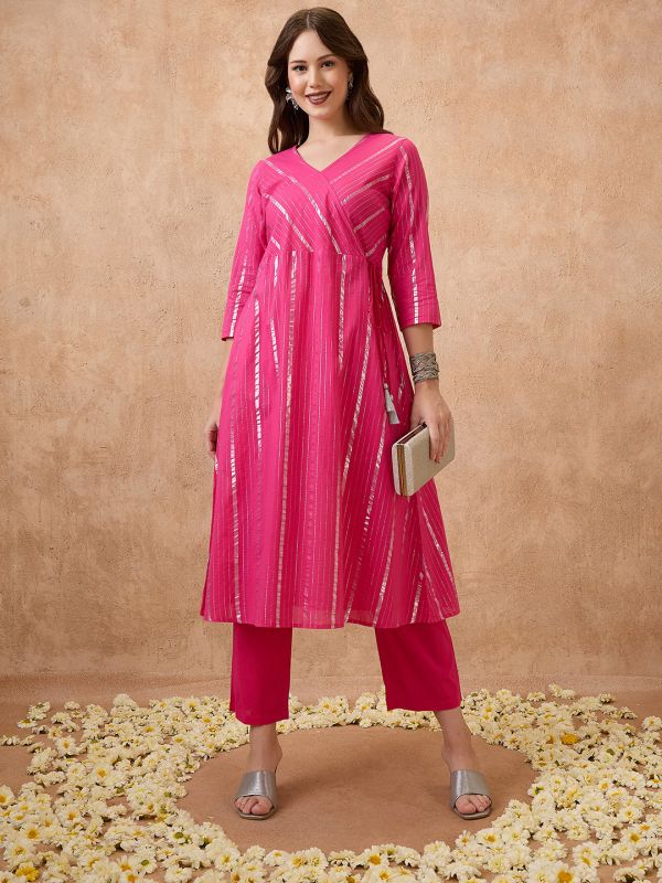 Globus Women Pink Woven Design Lurex Detail V-Neck Angrakha Style Kurta & Pants Festive Set