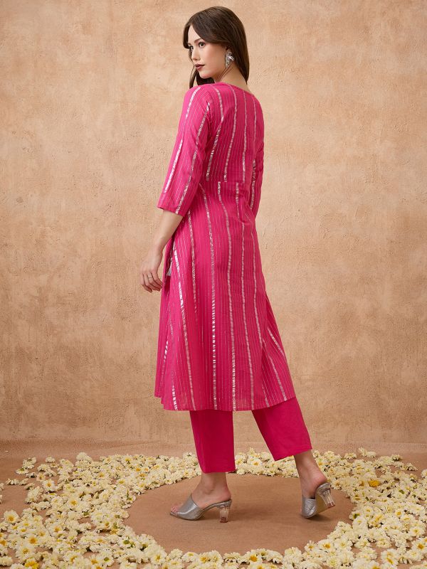 Globus Women Pink Woven Design Lurex Detail V-Neck Angrakha Style Kurta & Pants Festive Set