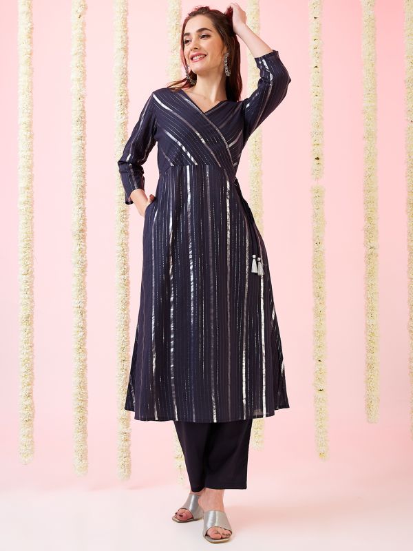 Globus Women Blue Woven Design V-Neck Drawstring Tassel Detail A-Line Kurta & Pants Festive Set