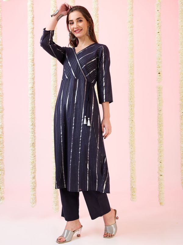 Globus Women Blue Woven Design V-Neck Drawstring Tassel Detail A-Line Kurta & Pants Festive Set