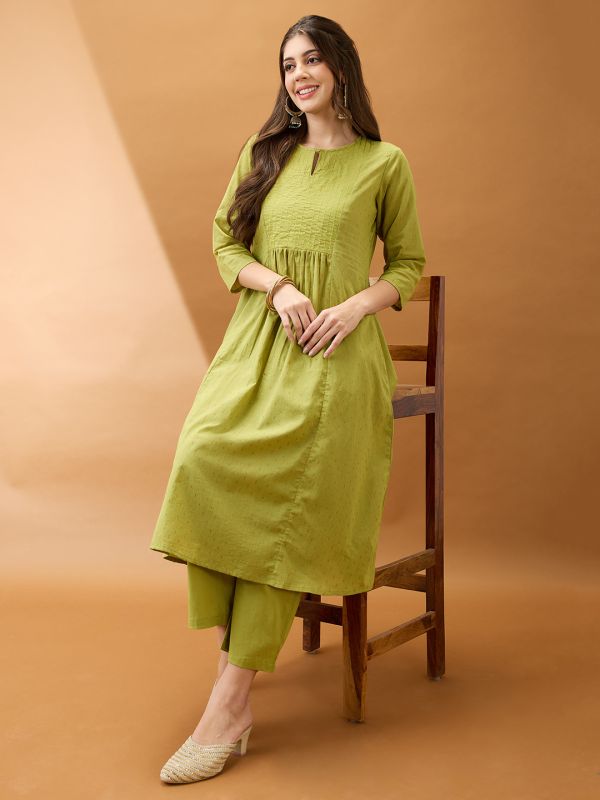 Globus Women Green Keyhole Neck Zari Embroidered Yoke Woven Design Pleated A-Line Kurta With Pants Festive Set