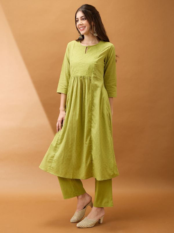 Globus Women Green Keyhole Neck Zari Embroidered Yoke Woven Design Pleated A-Line Kurta With Pants Festive Set