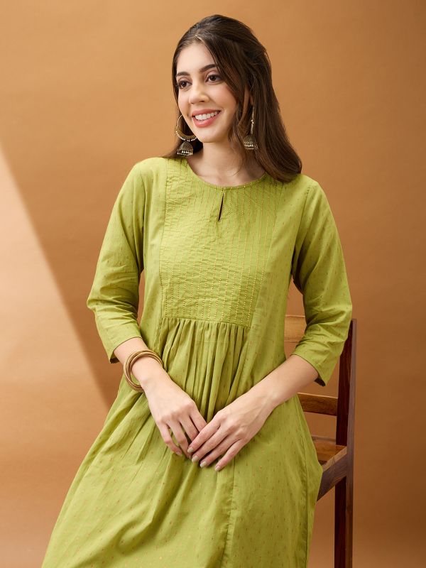 Globus Women Green Keyhole Neck Zari Embroidered Yoke Woven Design Pleated A-Line Kurta With Pants Festive Set