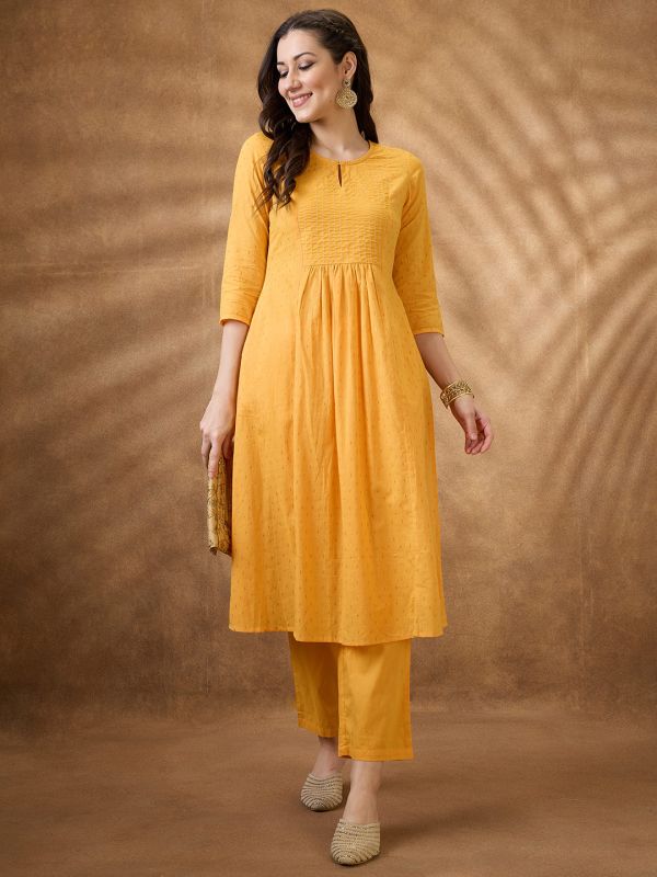 Globus Women Yellow Keyhole Neck Zari Embroidered Yoke Woven Design Pleated A-Line Kurta With Pants Festive Set