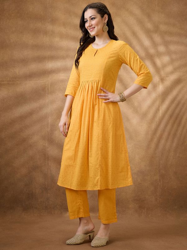 Globus Women Yellow Keyhole Neck Zari Embroidered Yoke Woven Design Pleated A-Line Kurta With Pants Festive Set