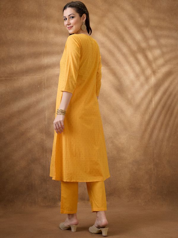 Globus Women Yellow Keyhole Neck Zari Embroidered Yoke Woven Design Pleated A-Line Kurta With Pants Festive Set