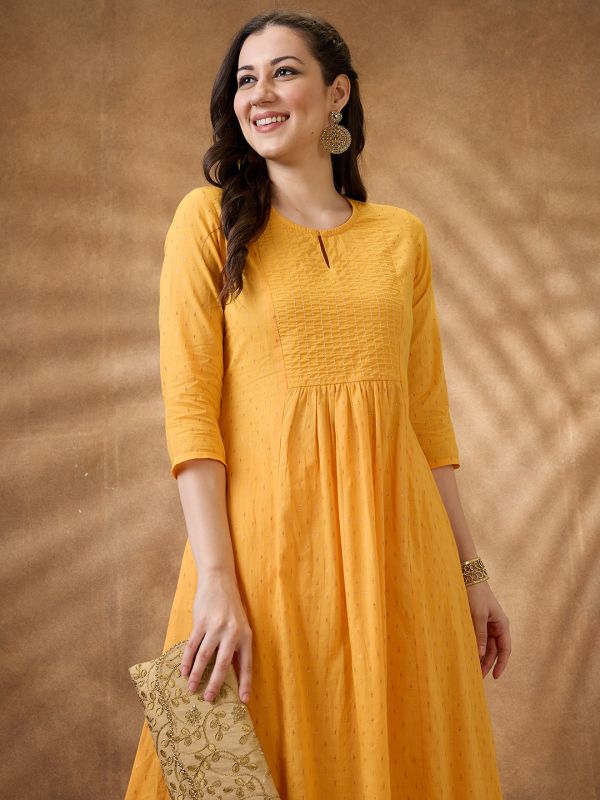 Globus Women Yellow Keyhole Neck Zari Embroidered Yoke Woven Design Pleated A-Line Kurta With Pants Festive Set