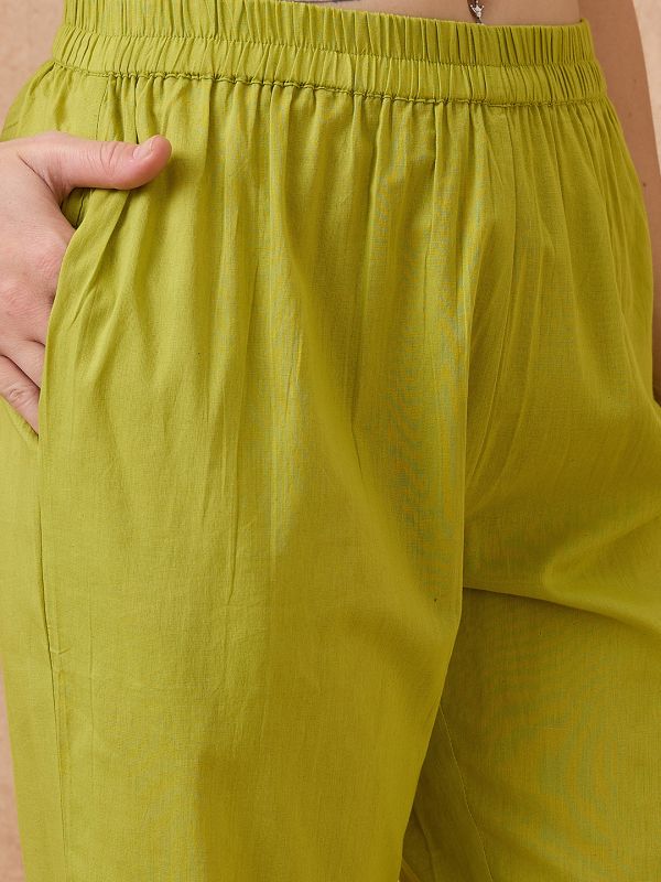 Globus Women Green Gotta Patti Yoke Detail V-Neck Lurex Work Festive Kurta & Straight Pant Set