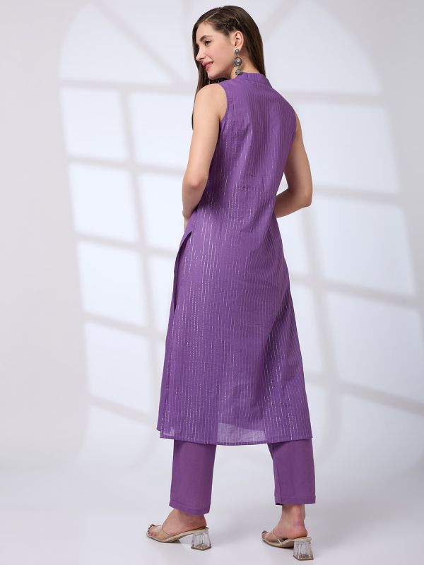 Globus Women Lavender Collared V-Neck Shimmer Woven Design Gotta Lace A-Line Kurta With Pants Festive Set