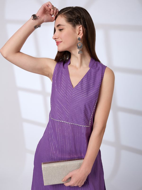 Globus Women Lavender Collared V-Neck Shimmer Woven Design Gotta Lace A-Line Kurta With Pants Festive Set