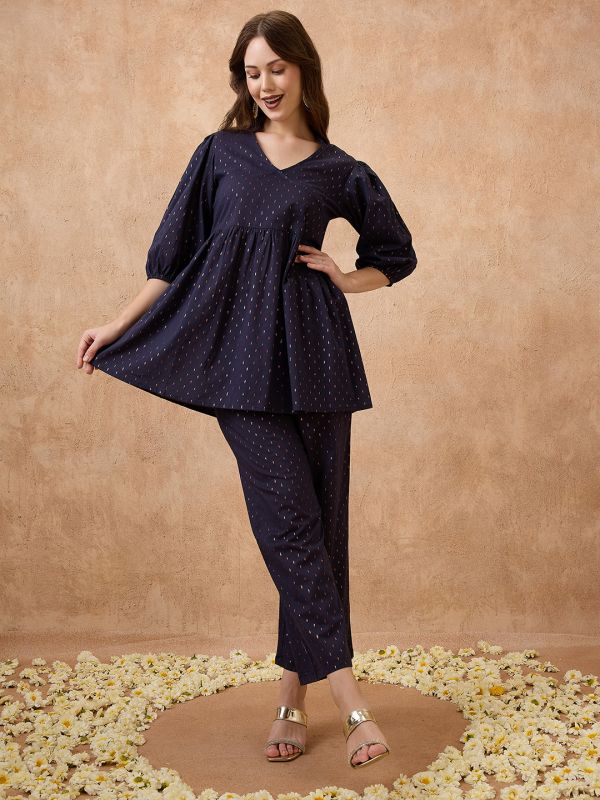 Globus Women Navy Blue V-Neck Bishop Sleeve Woven Design Tunic with Wide Leg Pants Festive Co-Ord Set