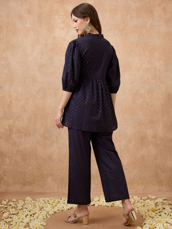 Globus Women Navy Blue V-Neck Bishop Sleeve Woven Design Tunic with Wide Leg Pants Festive Co-Ord Set
